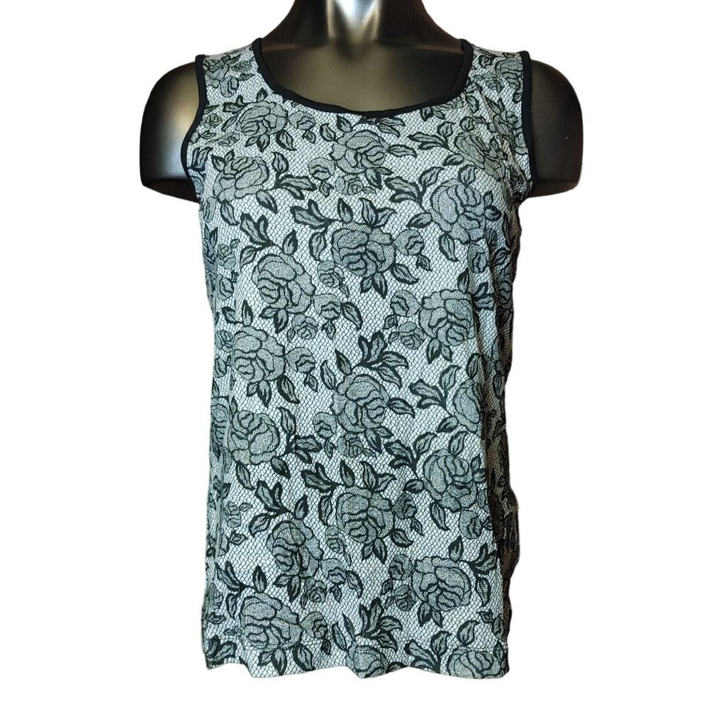 WHITE STAG Womens M White Black Cotton Floral Lace Tank Sleeveless Top